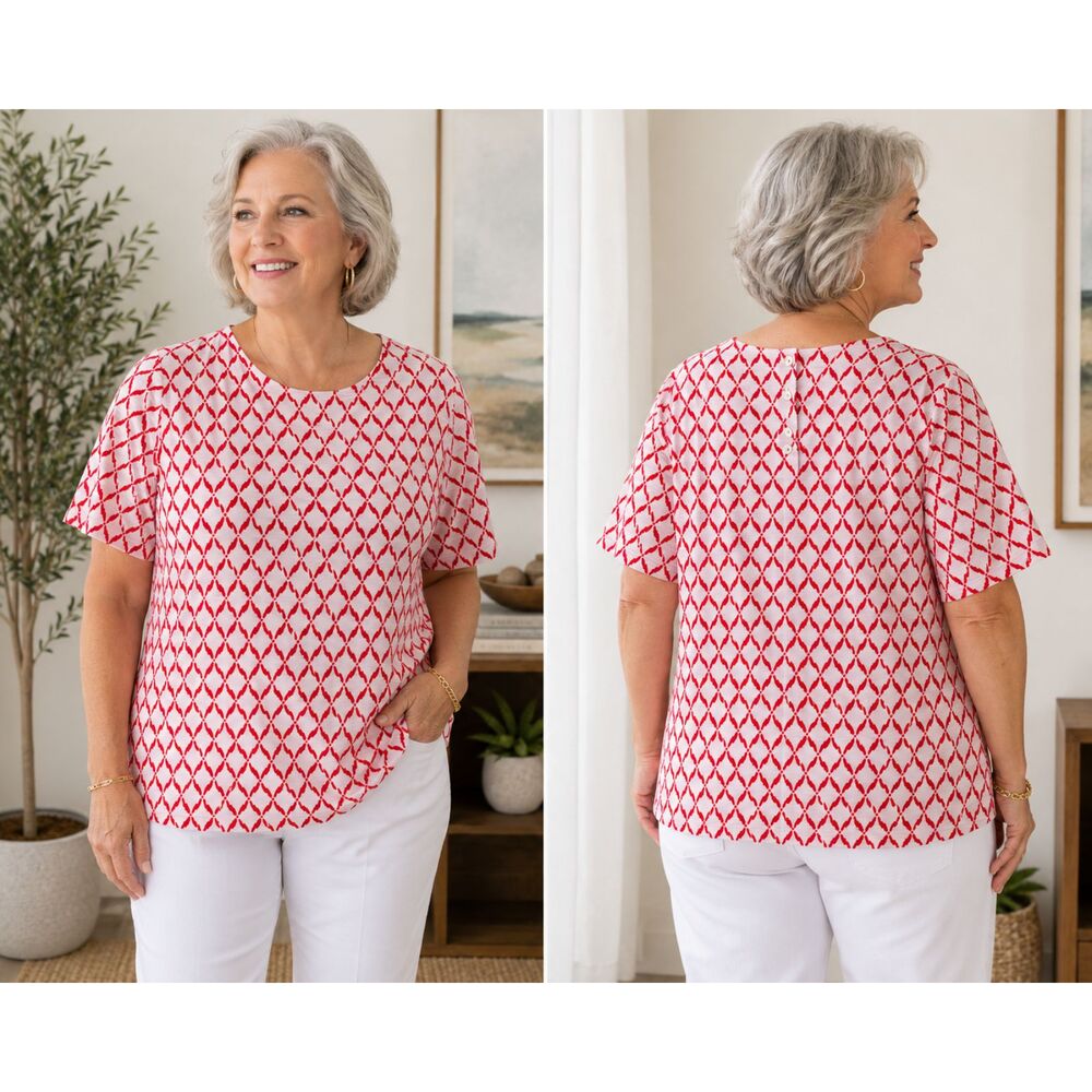 Chico's Size 3 (XL) Red White Geometric Print Slub Knit Short Sleeve Top Tee #3